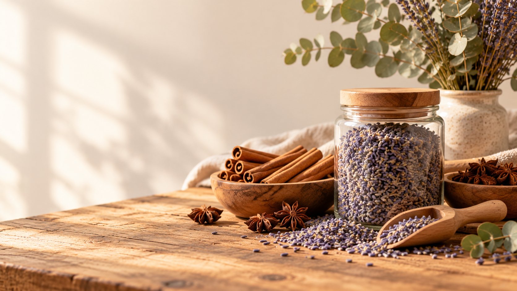 Cedar blocks, wood slices, pine cones and eucalyptus arranged on a sunlit wooden table